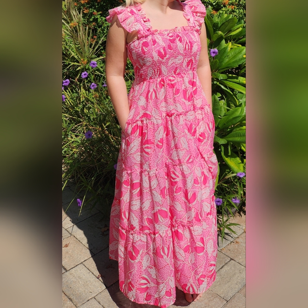 Stunning Pink Floral Smocked Dress By J Marie. Looks Brand New!
